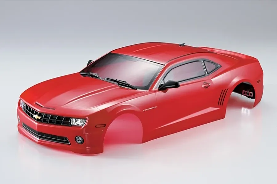 A red 1/10 scale RC car body shell of a 2011 Chevrolet Camaro, featuring detailed headlights, grille, and side mirrors on a plain white background.