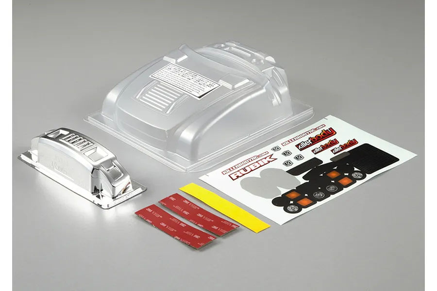 Killerbody 1/10 scale RC monster truck modified hood and front bumper set including clear plastic parts, chrome trim, adhesive strips, and decal sheet.
