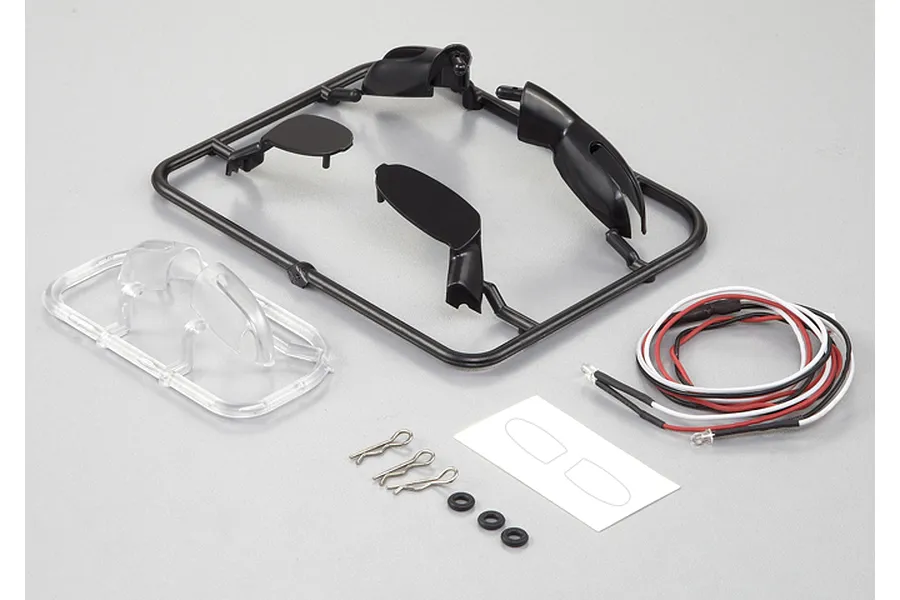 Killerbody 1/7 scale RC wing mirror set with LED lights, including black plastic parts on a sprue, clear lenses, wiring, clips, and small rubber rings.
