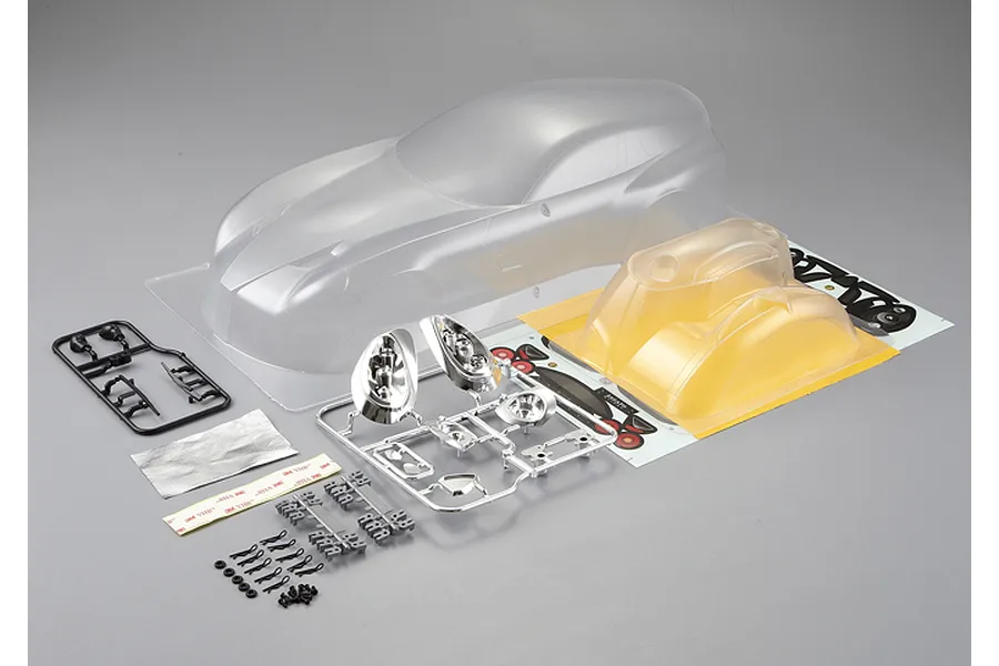 Killerbody 1/10 scale clear unpainted Alfa Romeo TZ3 Corsa RC body shell kit including accessories, decals, and light buckets.