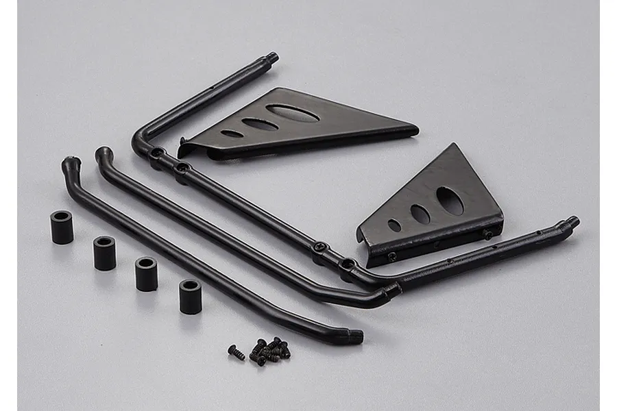 A set of black plastic RC truck parts including roll bar components, side panels, small spacers, and screws on a grey background.