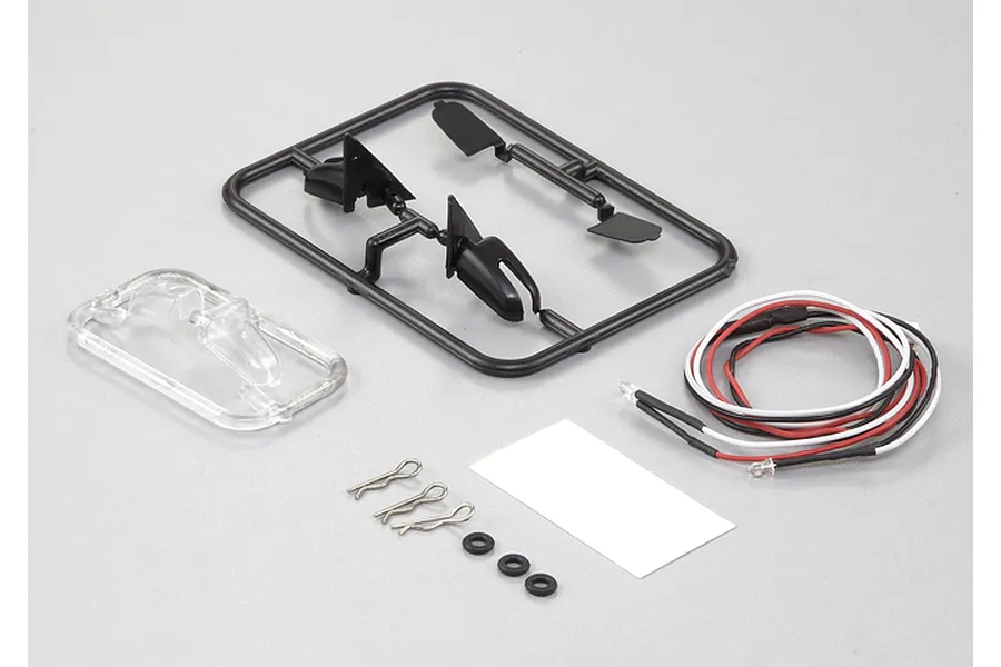 Killerbody 1/10 scale touring car wing mirror set including plastic parts tree, LED light unit, body clips, and small rubber O-rings.