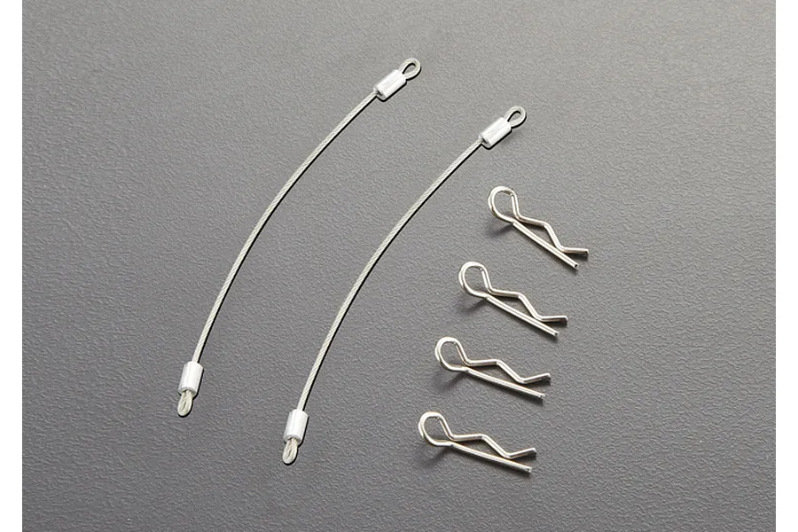 Two 100mm metal body ropes with crimped ends and four R-clips arranged on a grey surface.