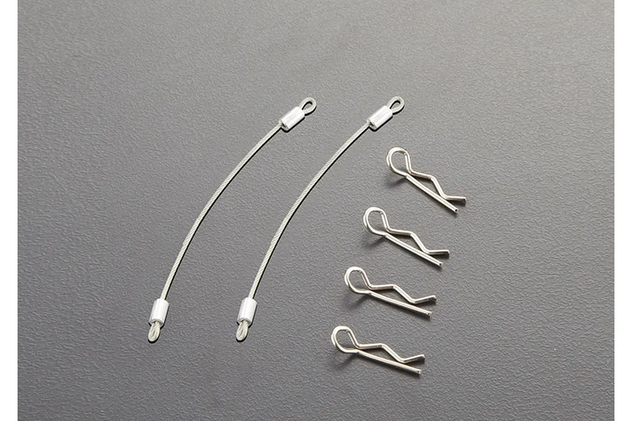 Killerbody 80mm metal body ropes and R-clips for RC car bodies on a grey background.