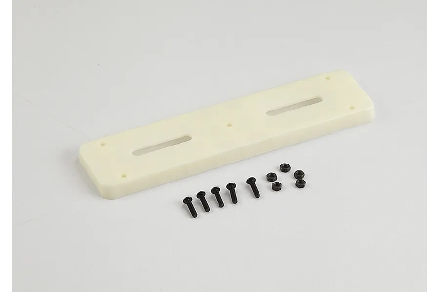 A cream-coloured plastic reinforcing plate for an RC crawler, accompanied by five small black screws and four black nuts on a white background.