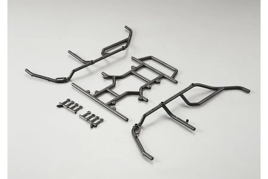 A set of black nylon anti-roll bar components for a 1/10 scale RC crawler, including frame pieces and small mounting brackets on a plain background.