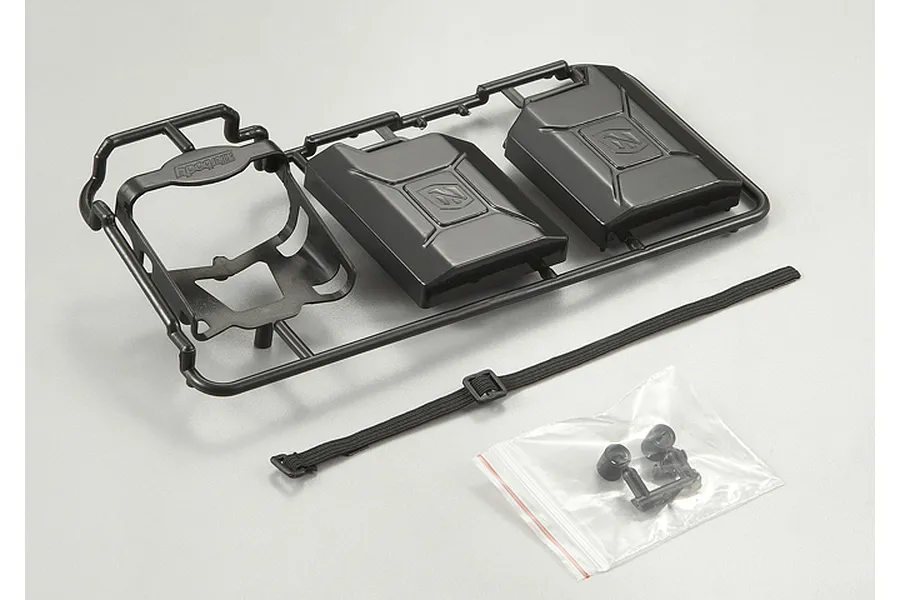 Killerbody black plastic jerry can set on a parts tree with a strap and small hardware bag.