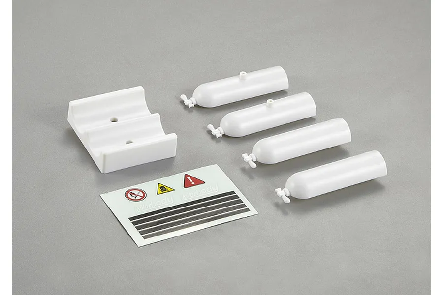 Killerbody plastic oxygen bottle set including four white cylindrical bottles, a mounting bracket, and a decal sheet with warning symbols.
