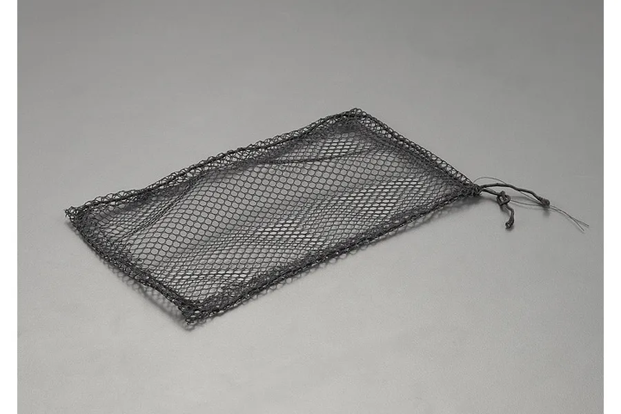 A rectangular black mesh luggage net for RC vehicles, featuring a drawstring closure on one side, isolated on a grey background.