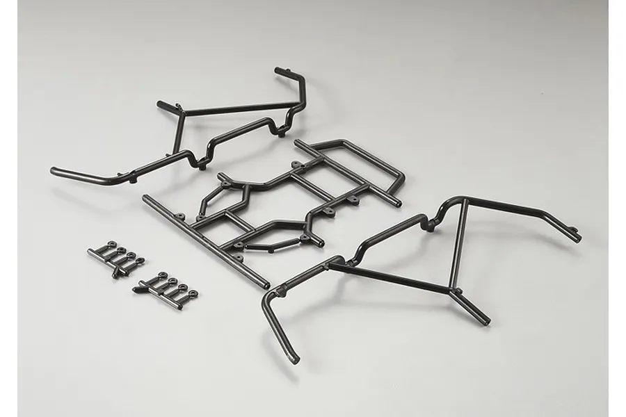 Killerbody 1/10 scale nylon anti-roll bar set for RC crawler, featuring black plastic roll cage components and small mounting hardware on a grey background.