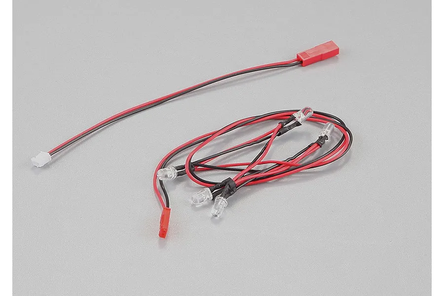 Killerbody LED unit set for RC cars featuring five white 5mm LEDs wired together with red and black cables and connectors.