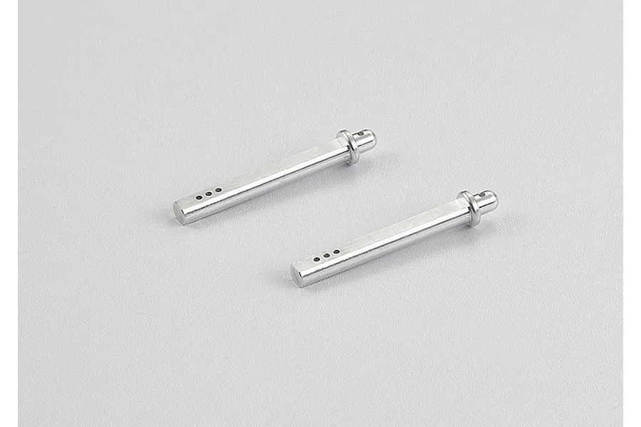 Two silver-coloured aluminium RC body mounts with three adjustment holes, positioned diagonally on a plain light grey background.