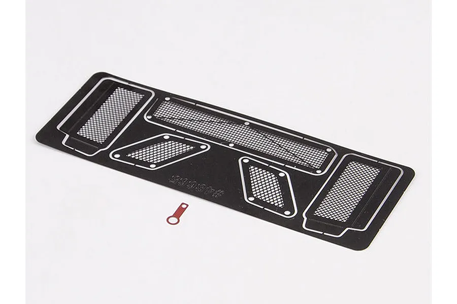A black stainless steel air intake mesh sheet for RC cars by Killerbody, featuring multiple mesh vent patterns and a small red metal component.