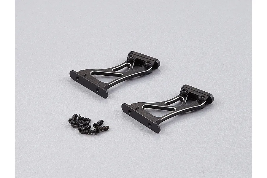 Two black aluminium RC rear wing mounts with silver edge detailing and a small pile of mounting screws on a light grey background.