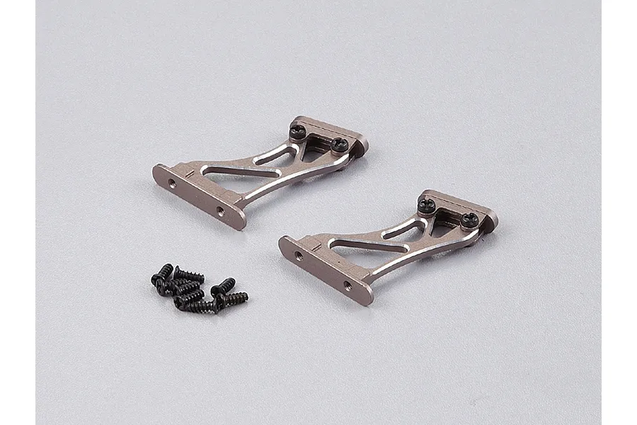Two grey aluminium RC rear wing mounts with a small pile of black mounting screws on a light grey background.