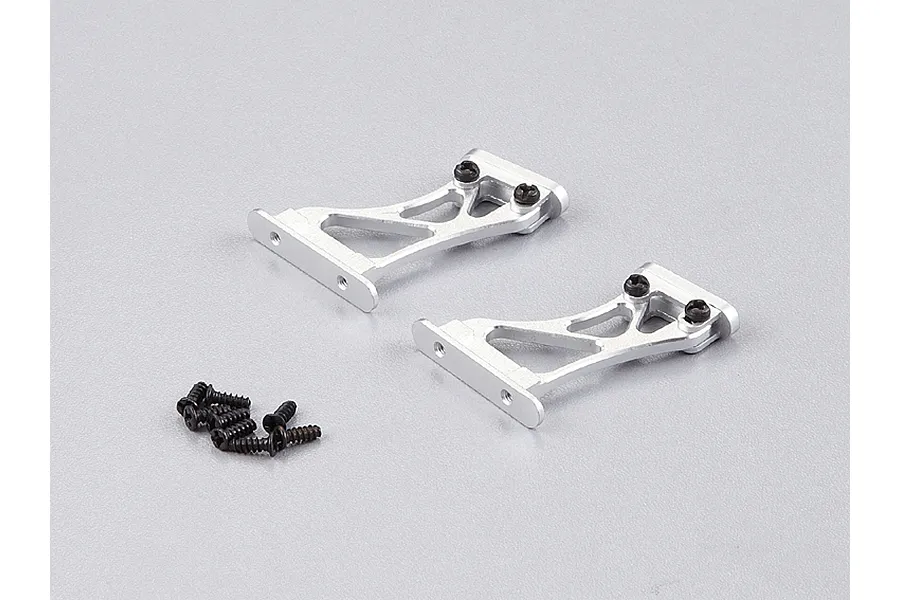 Two silver aluminium RC rear wing mounts with black mounting screws on a light grey background.