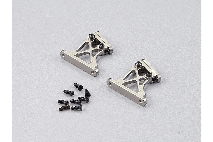 Two grey aluminium RC rear wing mounts with a set of small black screws on a plain light grey background.