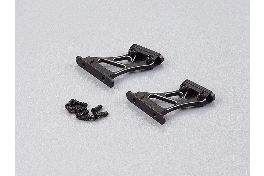 Two black aluminium RC rear wing mounts with mounting screws on a light grey background.