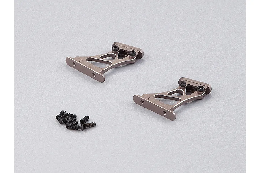 Two grey aluminium RC rear wing mounts with a small pile of black screws on a light grey background.