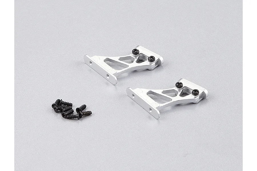 Two silver aluminium RC rear wing mounts with black screws on a light grey background.