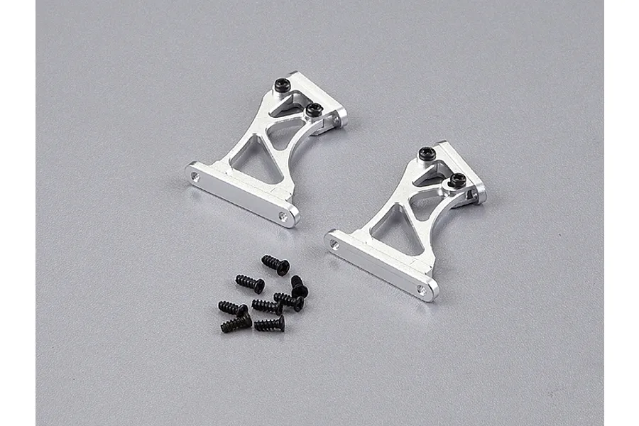 Two silver aluminium RC rear wing mounts with black screws on a grey background.