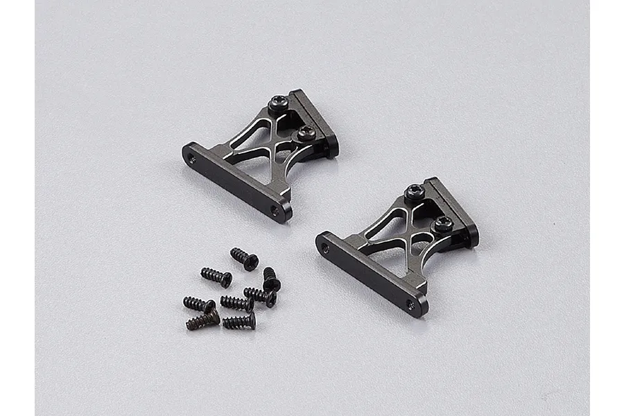 Two black aluminium RC rear wing mounts with a set of small black screws on a plain grey background.