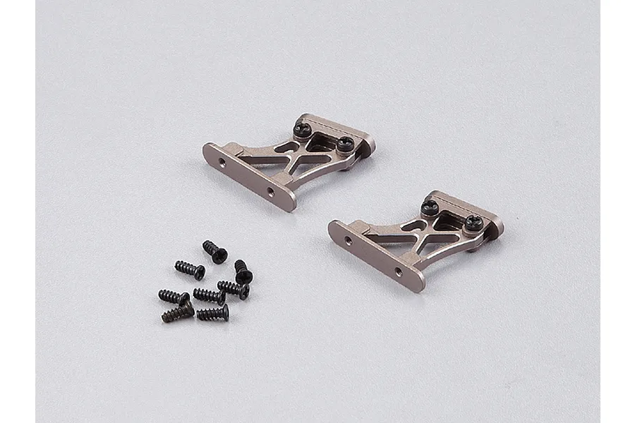 Two grey aluminium RC rear wing mounts with a set of small black screws on a plain light grey background.