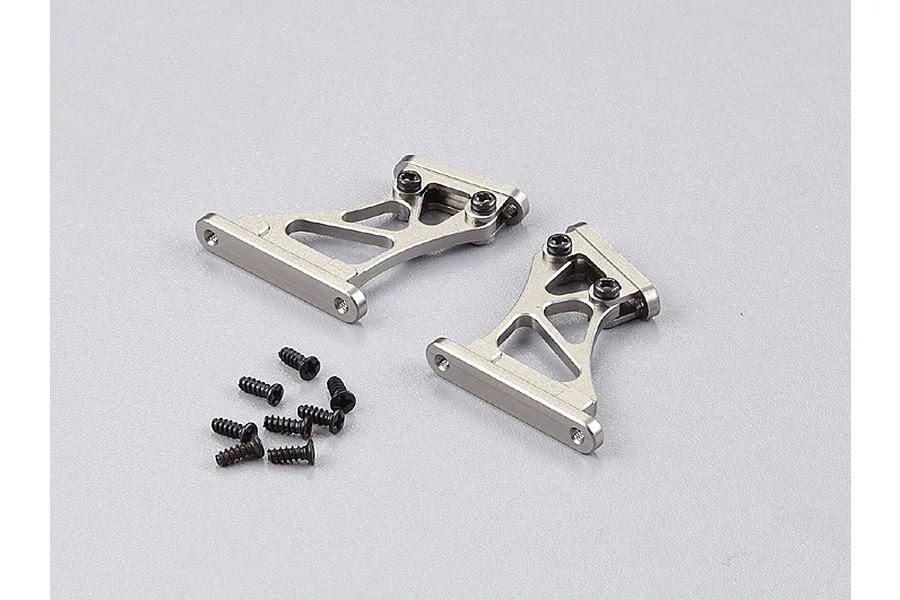 Two grey aluminium RC rear wing mounts with a set of small black mounting screws on a light grey background.