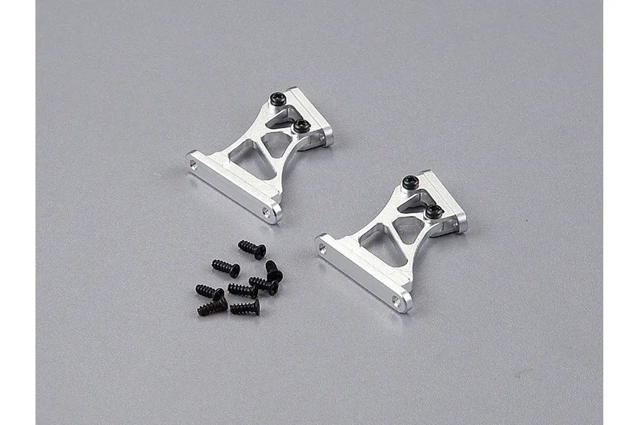 Two silver aluminium RC rear wing mounts with black screws on a grey background.