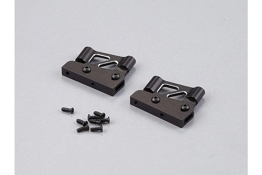 Two black aluminium RC rear wing mounts with a set of small black mounting screws on a light grey background.