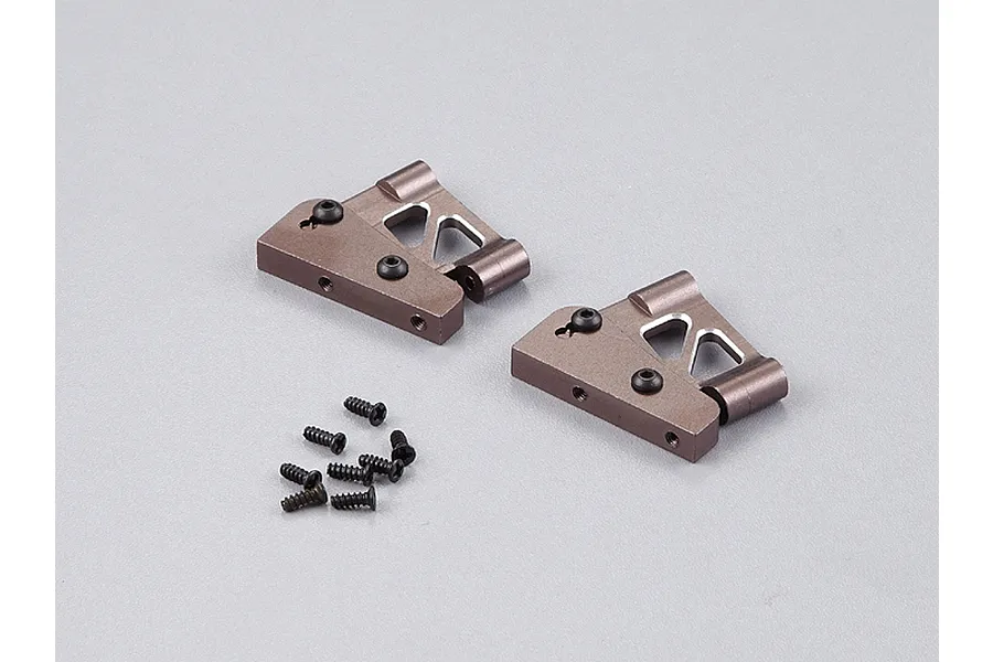 Two grey aluminium rear wing mounts for 1/10 RC cars with a set of small black screws on a plain grey background.