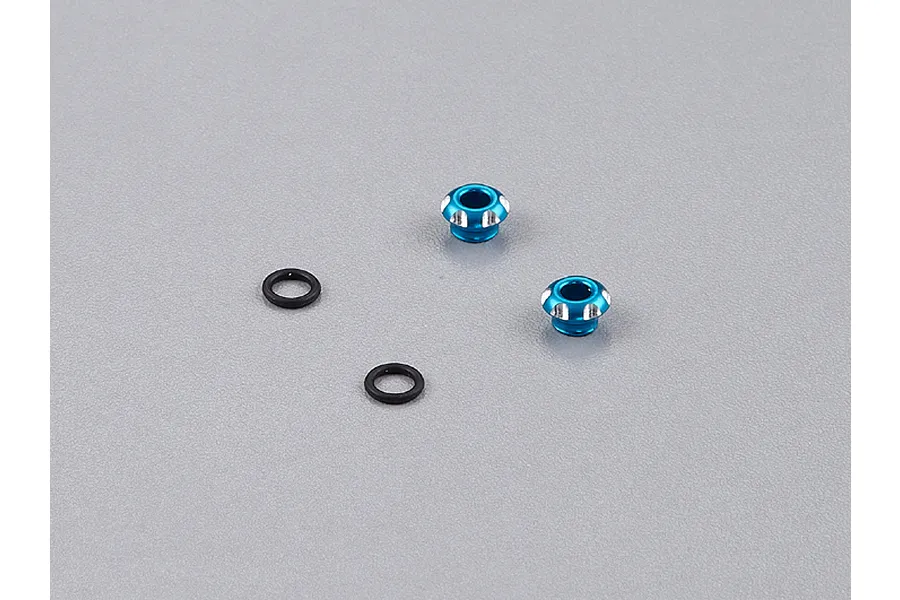 Two light blue aluminium LED light holders and two black rubber O-rings on a grey background.