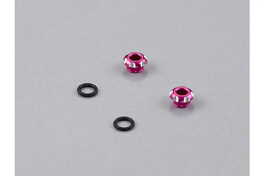 Two pink aluminium 3mm LED light holders and two black rubber O-rings on a grey background.