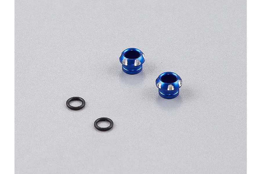 Two blue anodized aluminium 5mm LED light holders and two black rubber O-rings on a grey background.