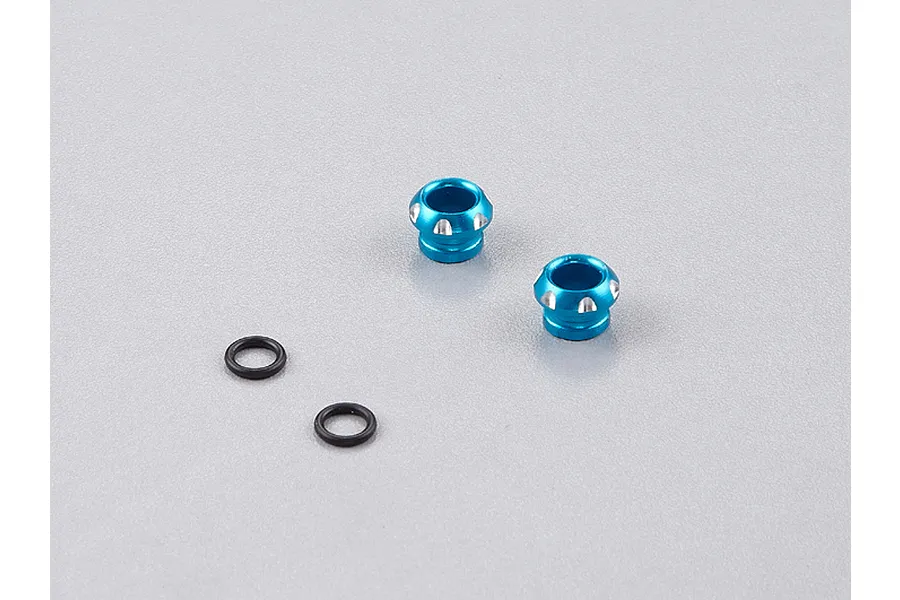 Two light blue anodized aluminium 5mm LED light holders and two black rubber O-rings on a plain grey background.