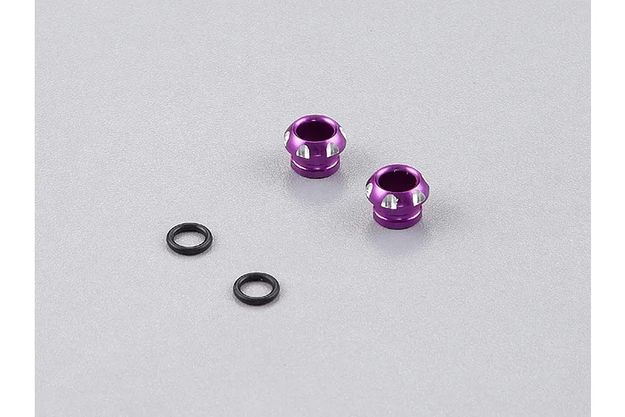 Two purple anodized aluminium LED light holders and two black rubber O-rings on a grey background.