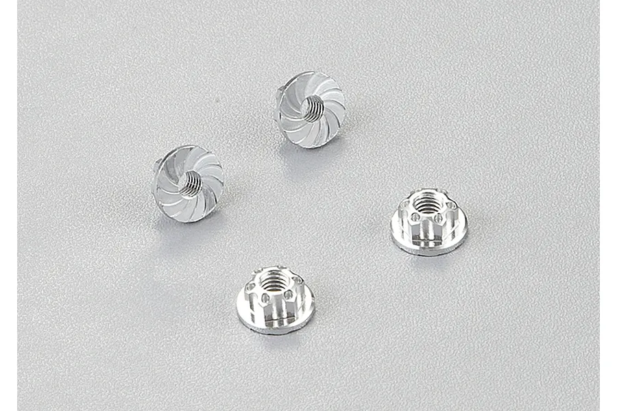 Four silver aluminium flange locknuts arranged on a light grey surface.