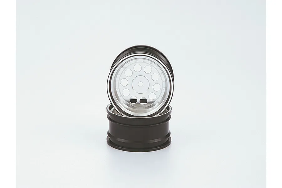 Two Killerbody 1.9-inch aluminium RC car rims stacked on a white background, featuring a silver multi-hole face and black outer barrel.