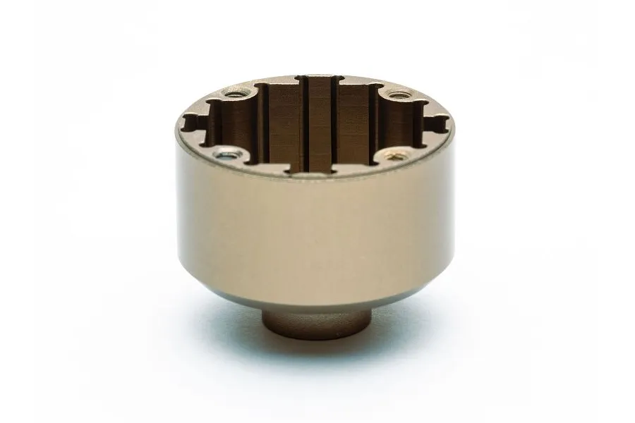 A gold-coloured aluminium differential case for an RC car, shown from a top-down angle against a white background.