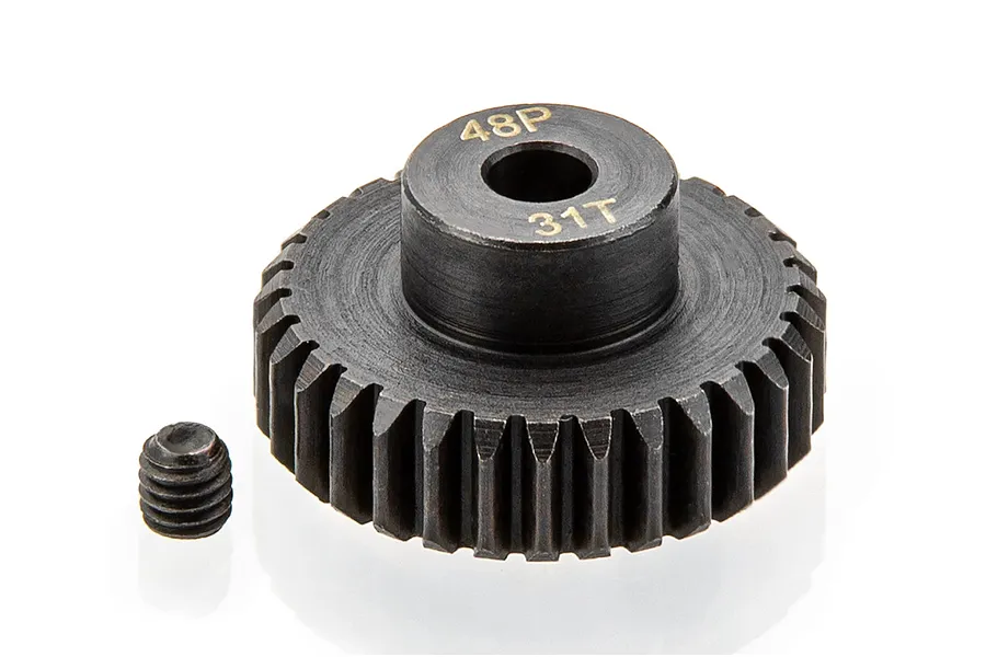 A black metal 31-tooth 48-pitch pinion gear with a small grub screw placed next to it on a white background.