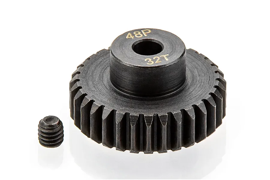 A black metal 32T 48P pinion gear for RC cars, shown with a small grub screw on a white background.