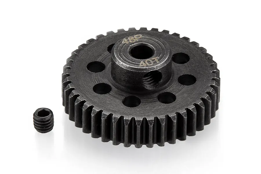 A black metal 40T 48P pinion gear with a small grub screw placed next to it on a white background.