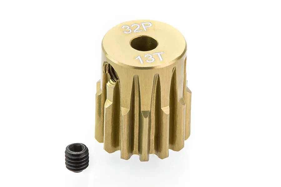 A brass 13-tooth 32-pitch pinion gear for RC cars, shown with a small black grub screw on a white background.