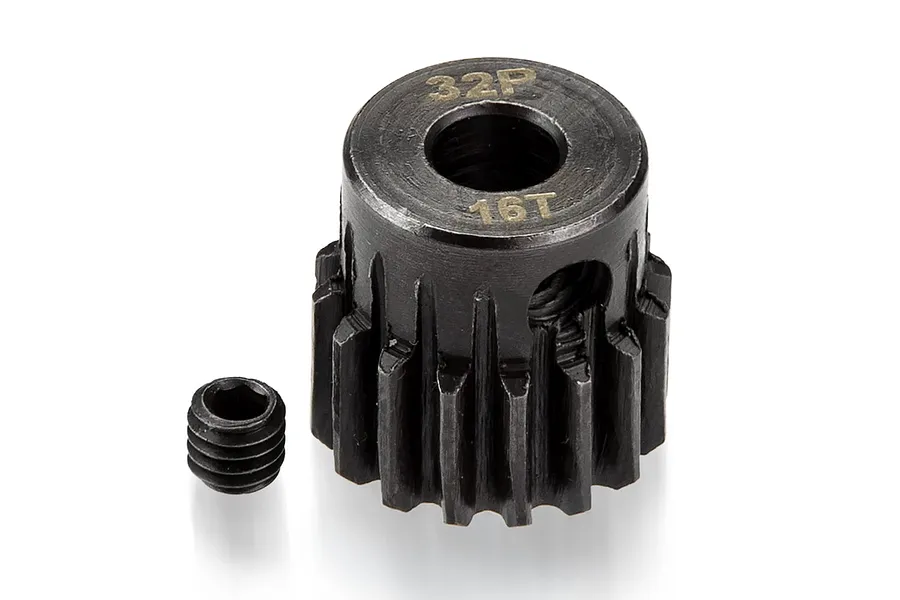 A black metal 16T 32dp pinion gear with a small grub screw sitting next to it on a white background.