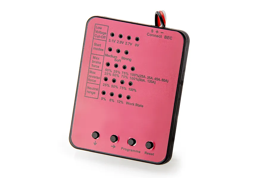 A Surpass LED program card for RC electronic speed controllers with a red faceplate and black buttons, set against a white background.