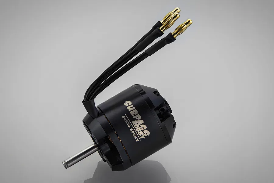 Surpass Hobby C4250 800KV brushless motor with black casing and two gold bullet connectors on black wires.