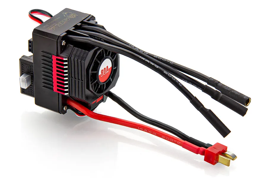 Surpass Hobby 80A waterproof electronic speed controller (ESC) with integrated cooling fan and T-style battery connector.