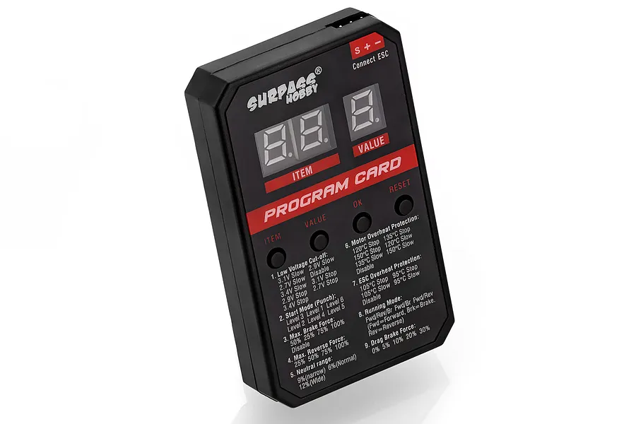 A black Surpass Hobby LED program card for RC ESCs, featuring a digital display, buttons, and a list of programmable settings printed on the face.