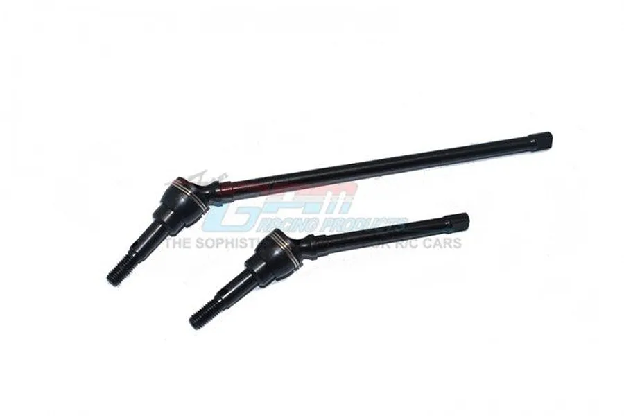 Two black hardened steel CVD driveshafts for the Axial RBX10 Ryft, featuring a jointed design and threaded ends, displayed against a white background.