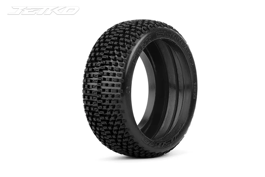 A single Jetko 1/8 scale buggy Dirt Slinger tyre shown in a studio setting against a white background.